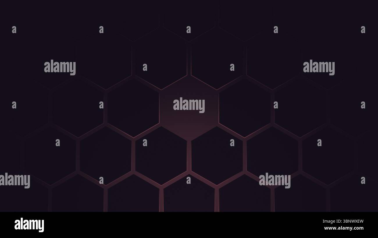 Black hexagon grid pattern on red background, light coming from below. Technology, connection & data concept. Abstract & modern background, copy space Stock Photo
