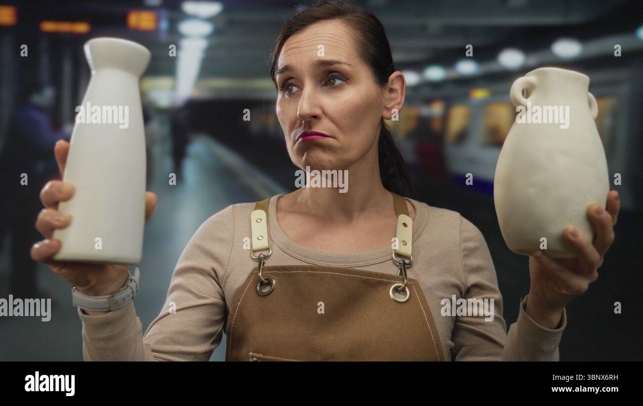 Woman wearing apron holding ceramic jars in dimly lit train station ...