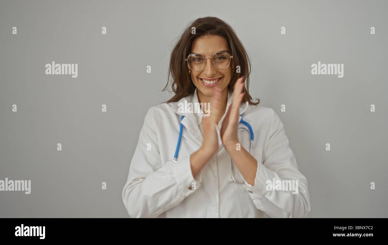 Clapping Expression Woman clapping with cheerful expression isolated against white backdrop ...