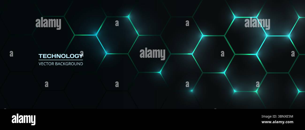 Dark hexagon abstract technology background with blue and green colored ...