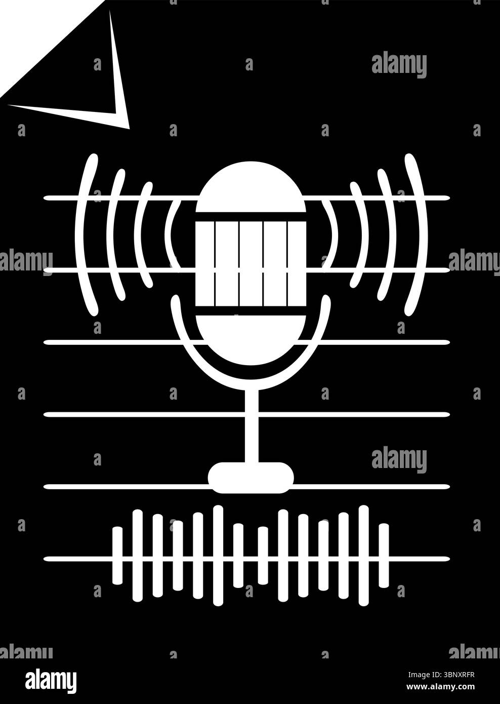 vector illustration black and white icon microphone, computer document and sound waves, in audio file concept Stock Vector