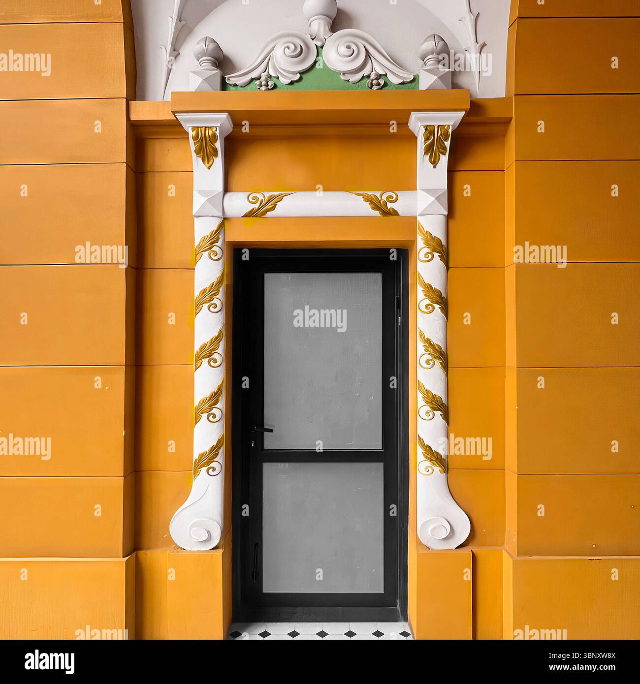 A sleek modern door stands at the heart of an ornate neoclassical frame, set against a golden-orange Baroque facade in Warsaw, Poland. - Smartphone Captured Stock Image