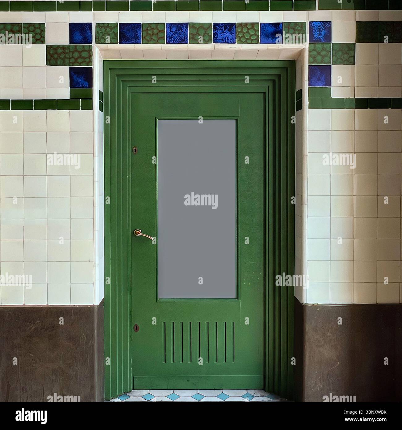 A green side door at Hala Koszyki in Warsaw is framed by tiled walls in green and cobalt, echoing the building’s Art Nouveau roots and market charm. - Smartphone Captured Stock Image