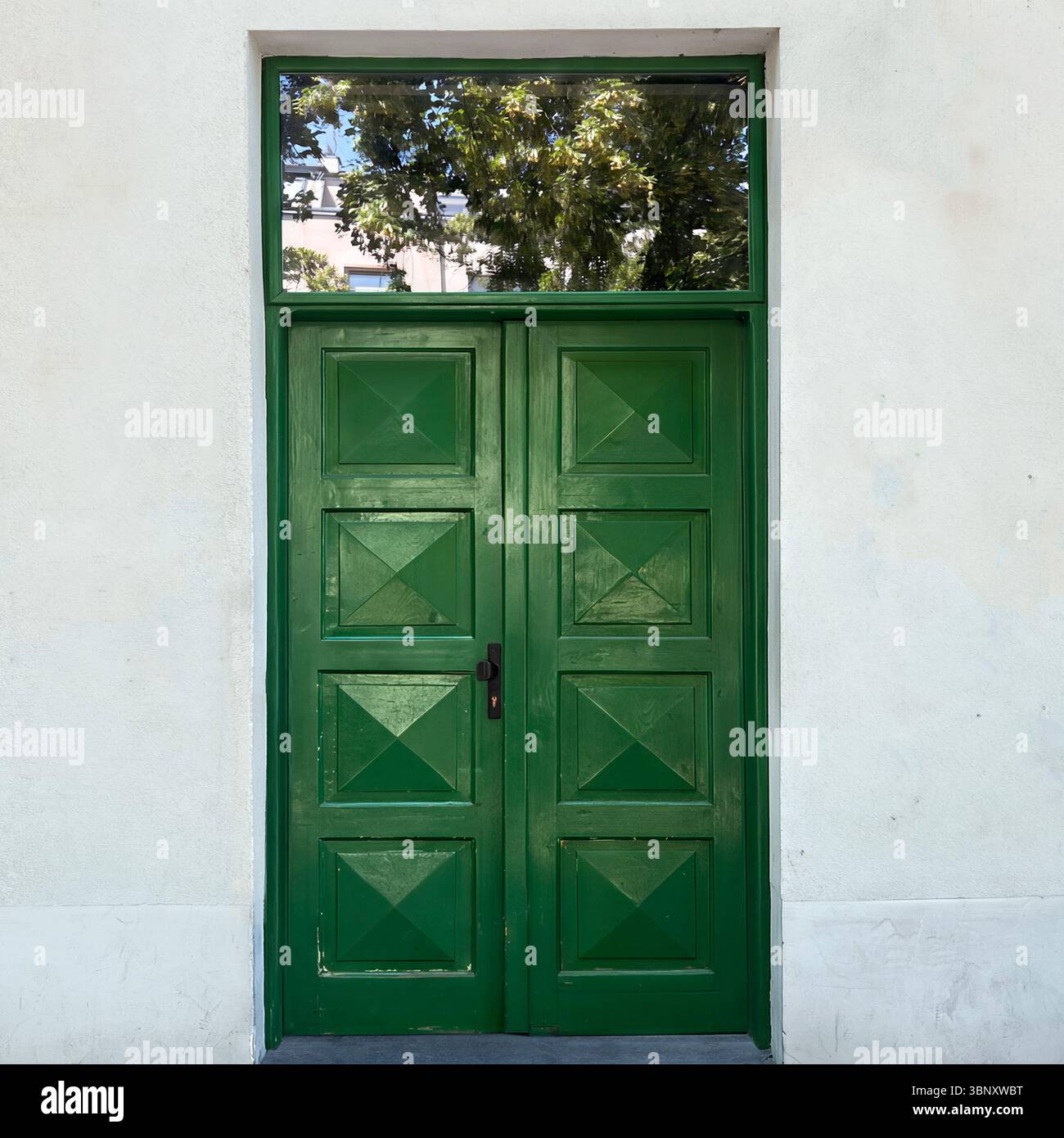 A vivid green door in Warsaw glows against a pale stucco wall, its geometric panels and glass transom reflecting treetops in quiet urban symmetry. - Smartphone Captured Stock Image