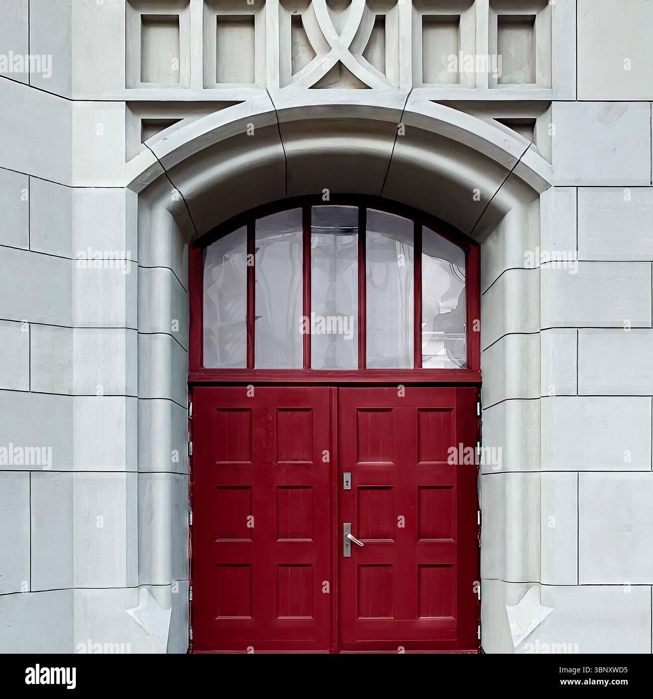 Bold red double doors framed by geometric stonework mark the entrance to a 1930s-era school in Warsaw. - Smartphone Captured Stock Image