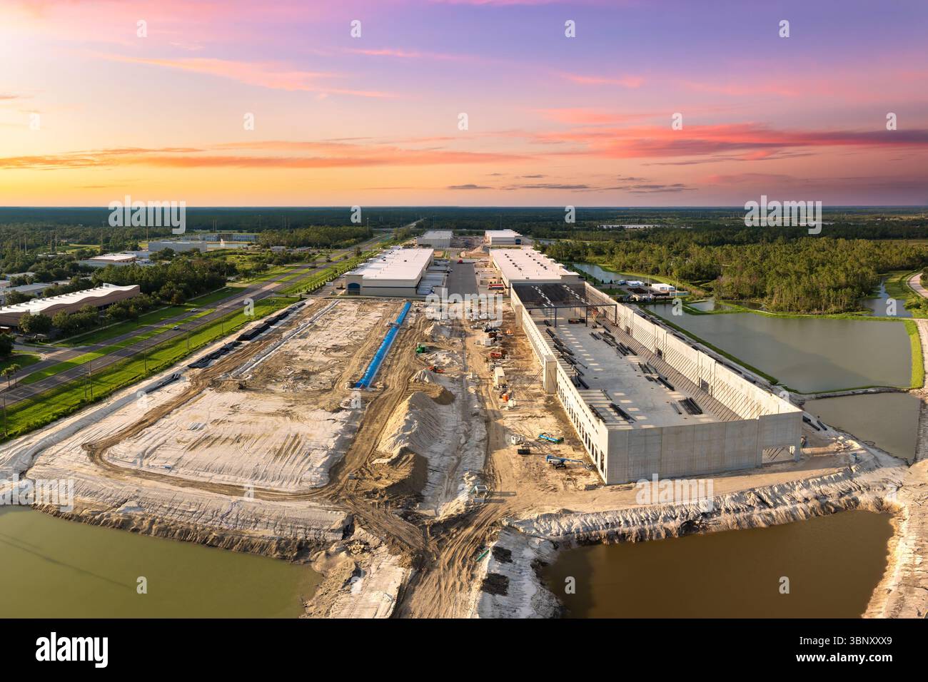 Construction site of logistic center with assembling of concrete and ...