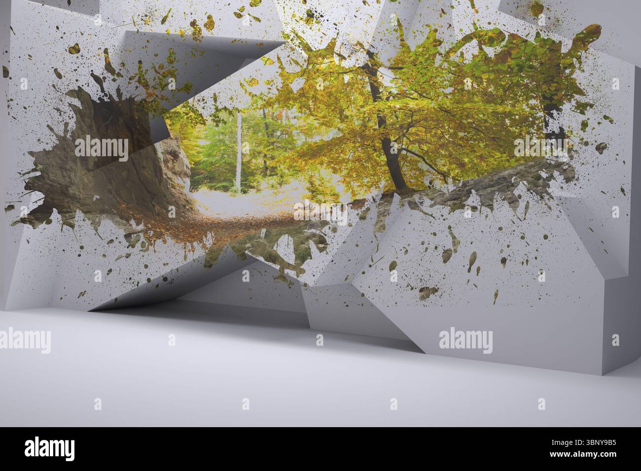 CG render showing angular white geometric sculpture displaying autumn forest cutout, leaf splatter Stock Photo