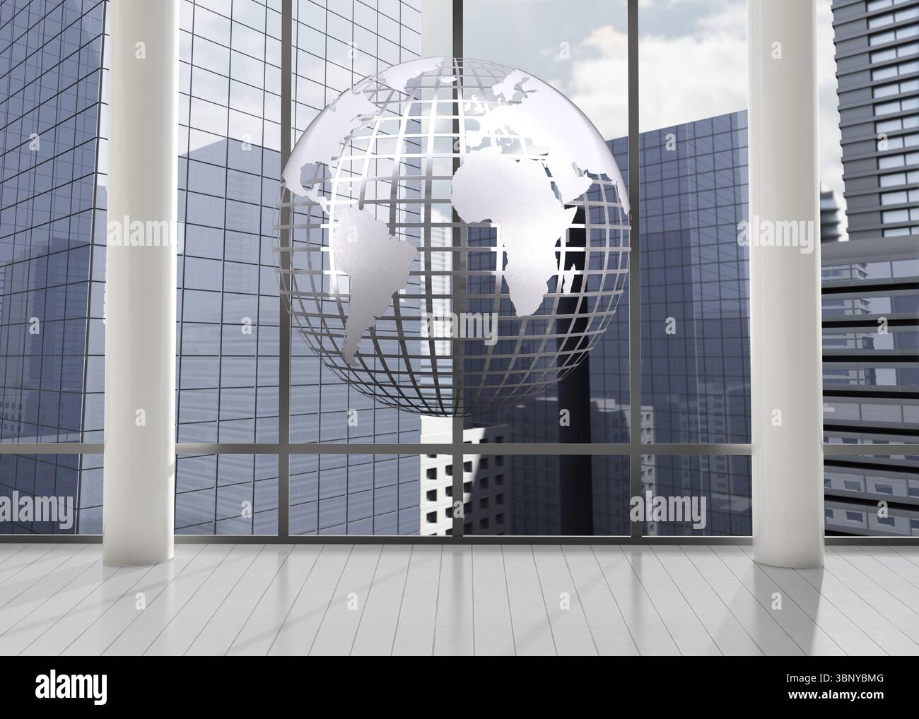 Silver globe floating in room Stock Photo