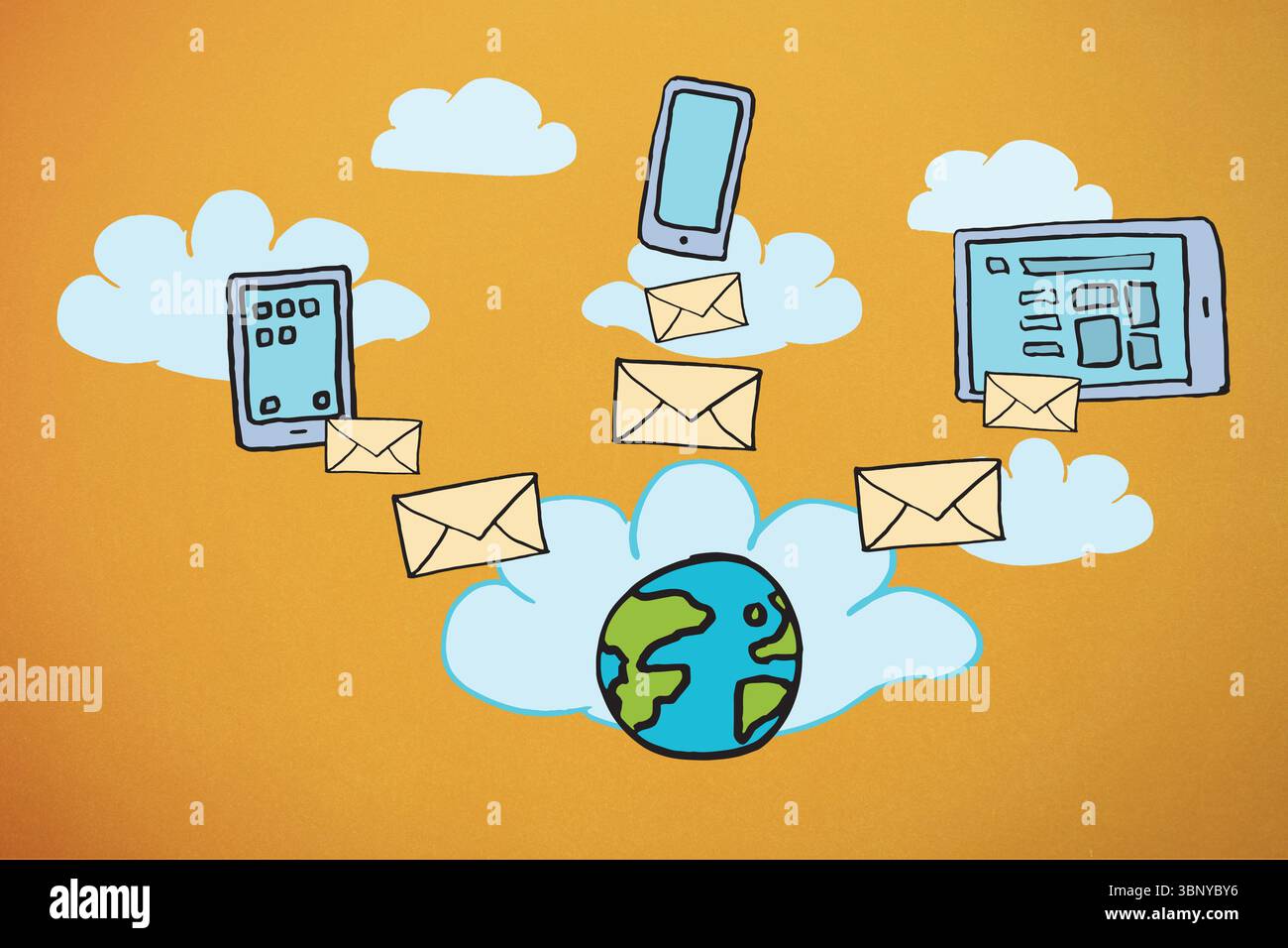 Displaying flat design cloud network on orange bg, featuring globe icon, envelope and device icons Stock Photo