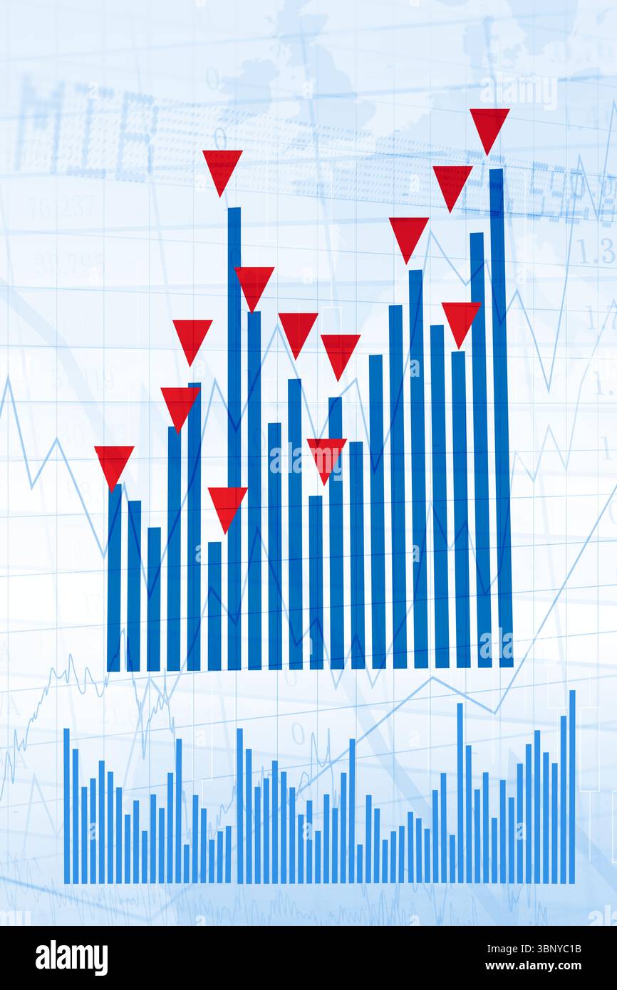 Infographic is showing blue bar chart with red inverted markers, small ...