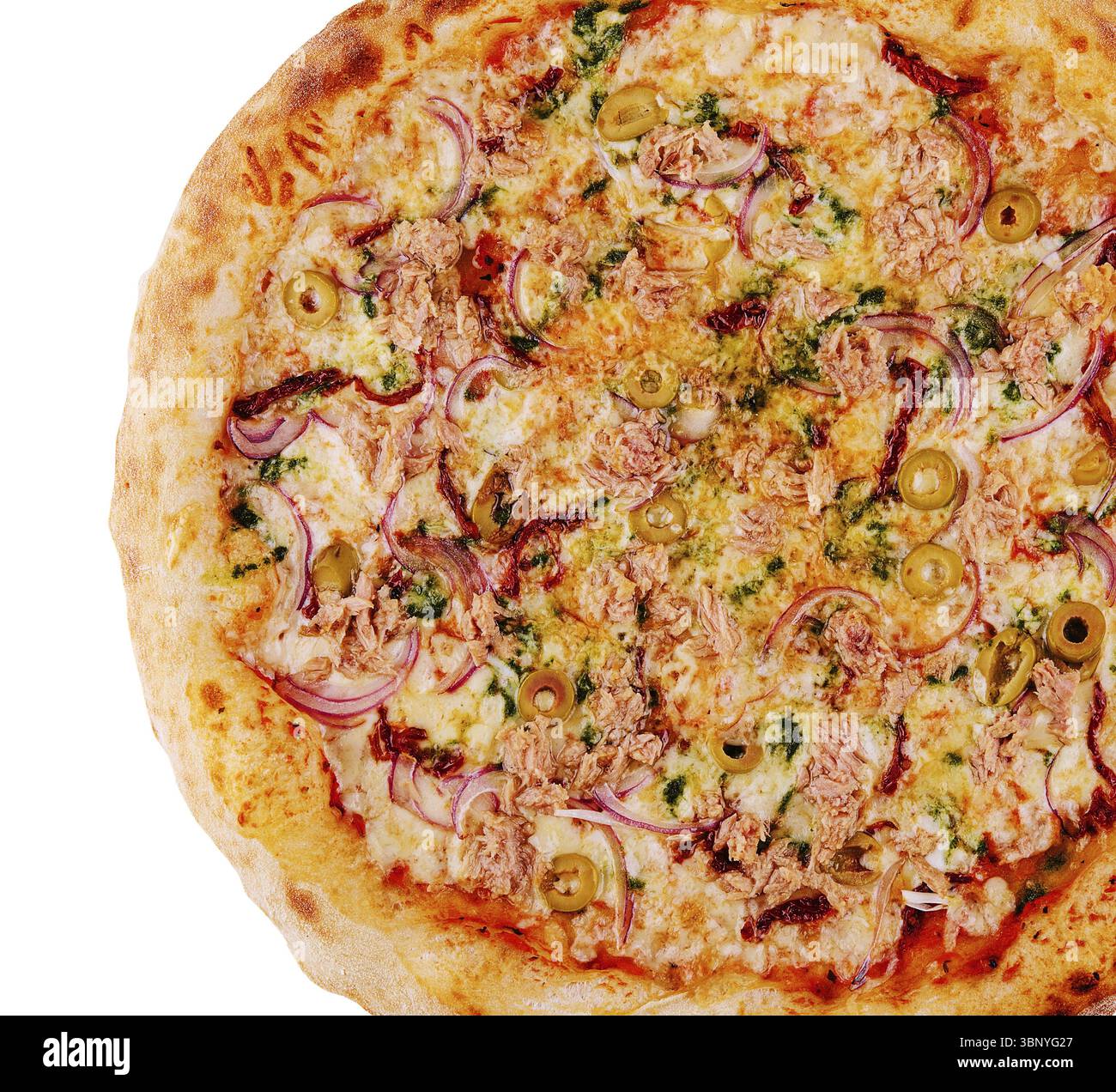 food still-life, Pizza with tuna and red onion Stock Photo