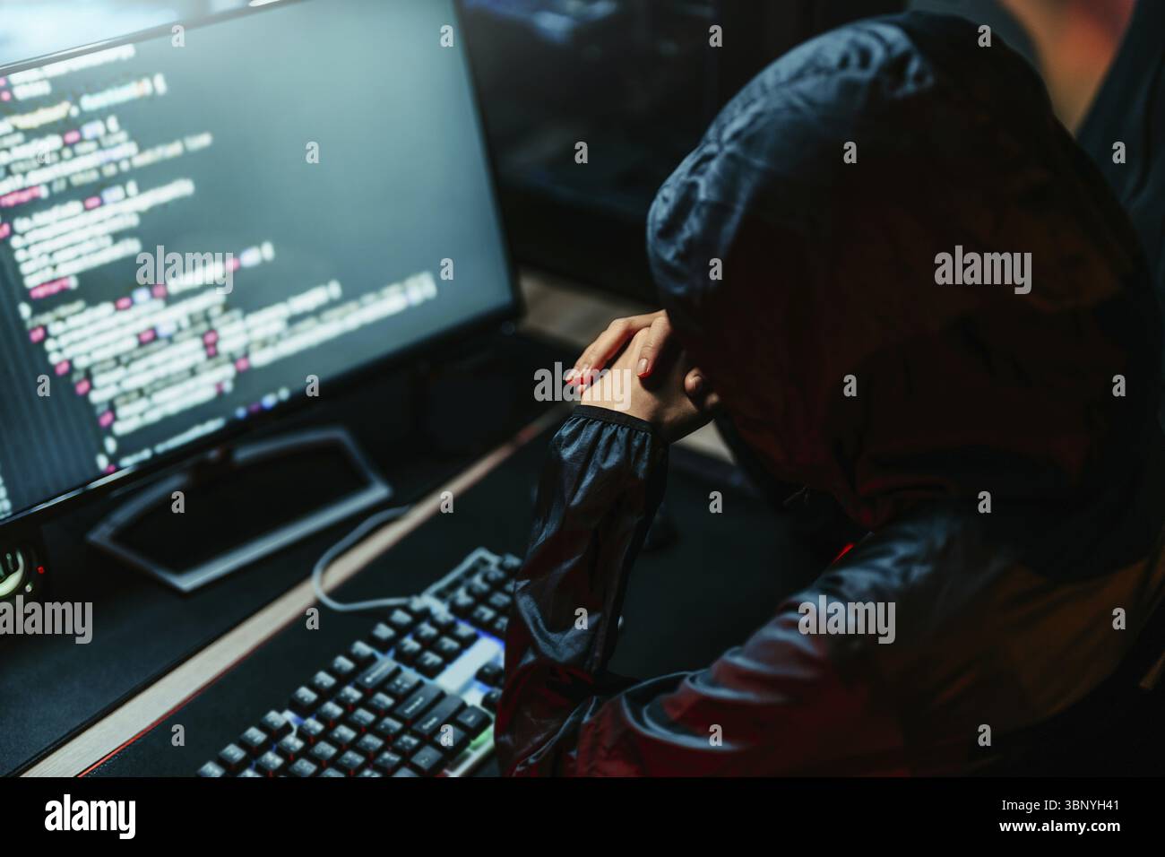 Hacker Video Two Keyboards Hacker in dark room using keyboard stealing data on internet Stock ...
