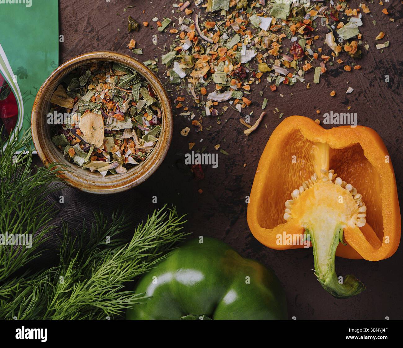 food still-life, Various spices for dish with peppers top view Stock Photo