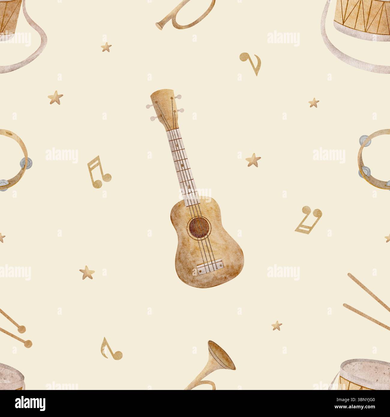 Watercolor pattern musical instruments, guitar, drum, trumpet ...