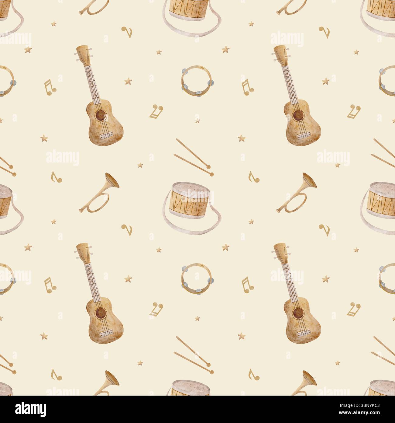 Watercolor pattern musical instruments, guitar, drum, trumpet notes ...