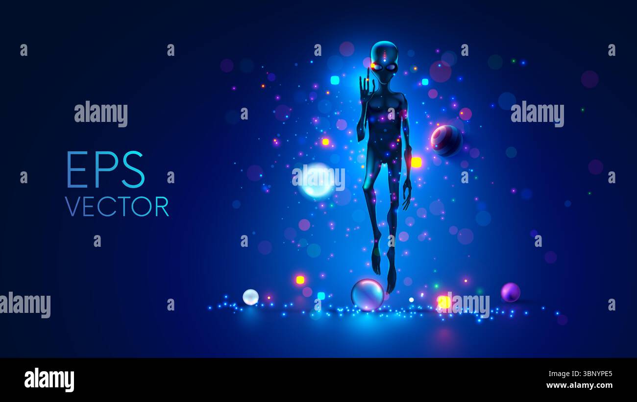 Alien shows on virtual star chart his planet in galaxy. Head of an alien with big eyes. Hands with long fingers. Silhouette of an alien hovered in air Stock Vector