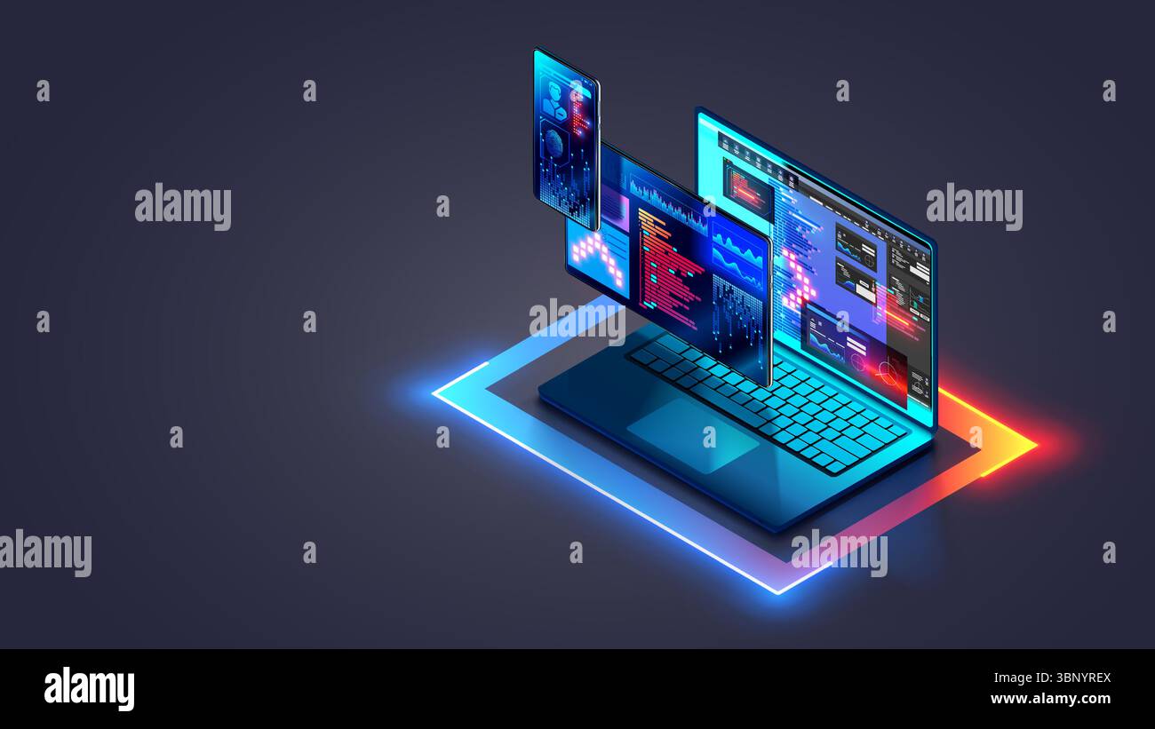 Web development and coding. Cross platform software development of website. Adaptive layout internet page or web interface on screen laptop, tablet Stock Vector