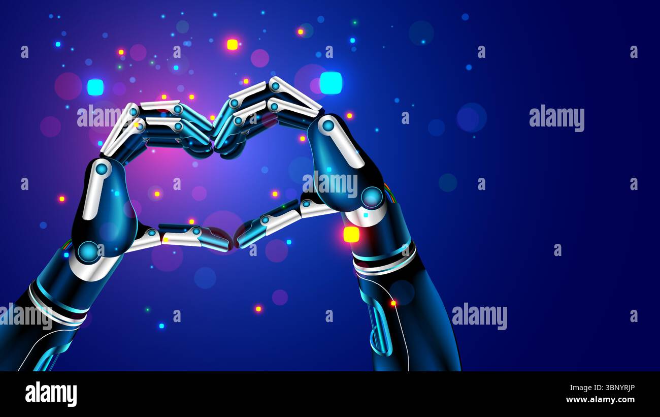 A cyborg or robot makes a heart gesture with his hands. The hands of the humanoid robot are folded in a heart shaped close-up. Artificial intelligence Stock Vector