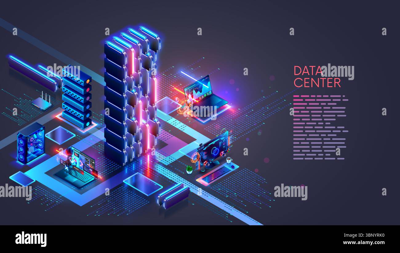 A data center with AI servers. Users computers are connected via the Internet to a data center with Artificial Intelligence servers and cloud data Stock Vector