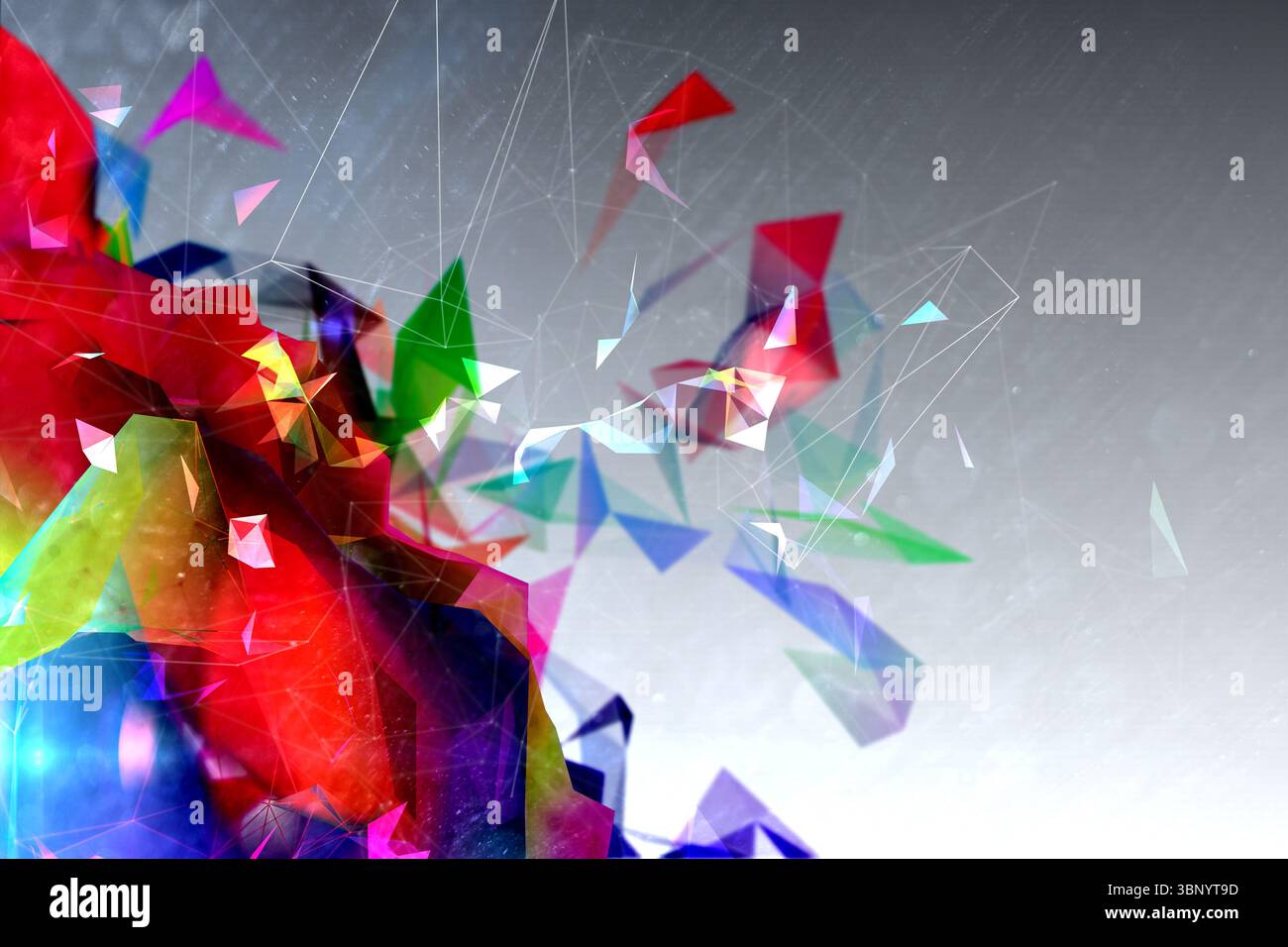 Colorful low-poly shards are clustering on grey gradient backdrop flat design with network lines Stock Photo