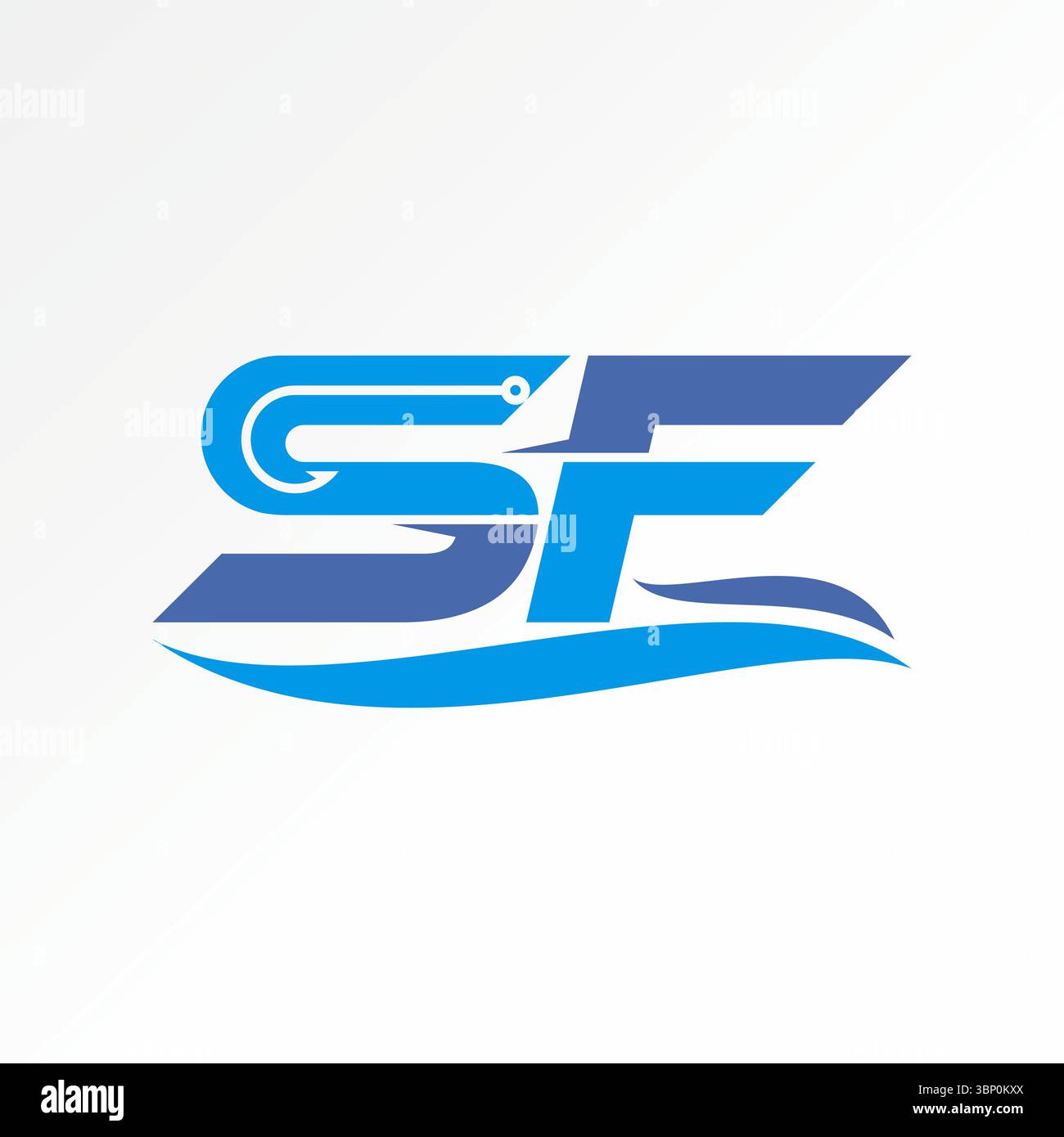 Logo design graphic concept creative premium vector stock image top sell letter SF font cut fast with fishing hook to fisherman equipment ocean hobby Stock Vector