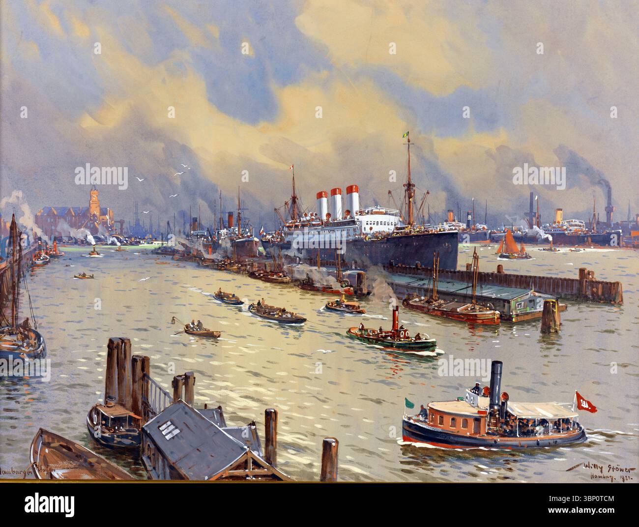 Willy Stöwer - The Port of Hamburg [1929] Willy Stöwer (Wolgast, May 22, 1864 - Berlin Tegel, May 31, 1931) was a German artist and illustrator. Stock Photo