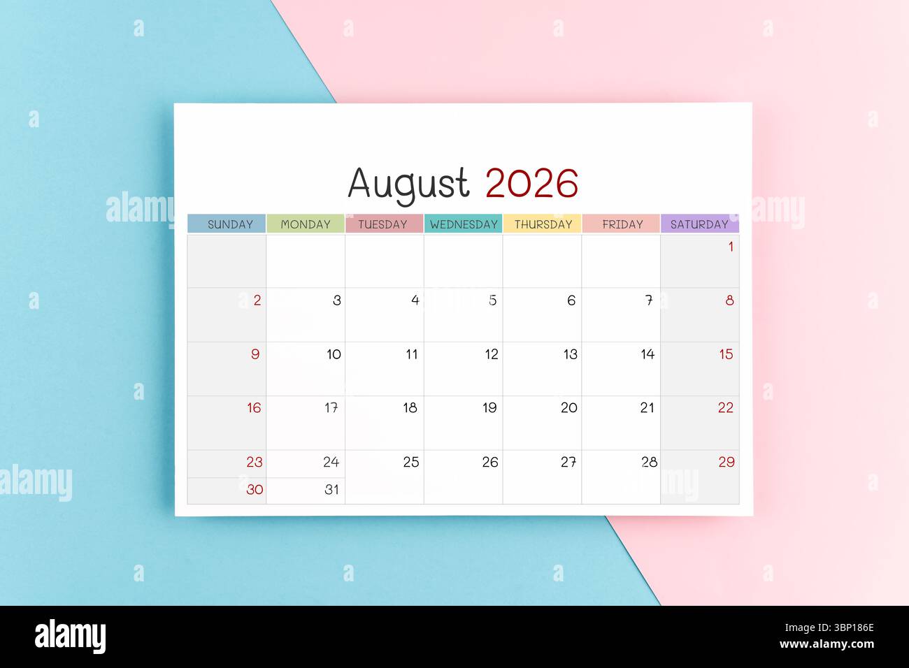 August 2026 calendar page on blue and pink background Stock Photo - Alamy