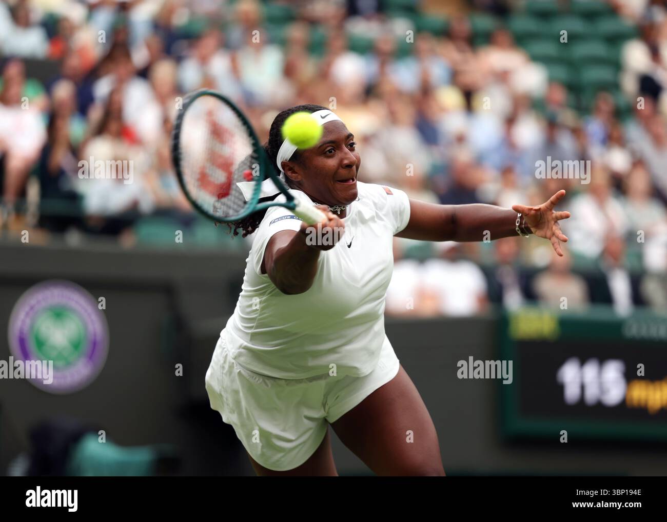 5th July 2025; All England Lawn Tennis and Croquet Club, London, England; Wimbledon Tennis Tournament, Day 6; Hailey Baptiste (USA) with a forehand shot to Mirra Andreeva (RUS) Stock Photo
