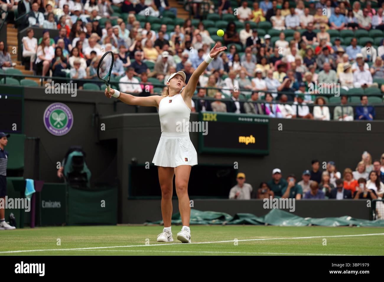5th July 2025; All England Lawn Tennis and Croquet Club, London, England; Wimbledon Tennis Tournament, Day 6; Mirra Andreeva (RUS) serves to Hailey Baptiste (USA) Stock Photo