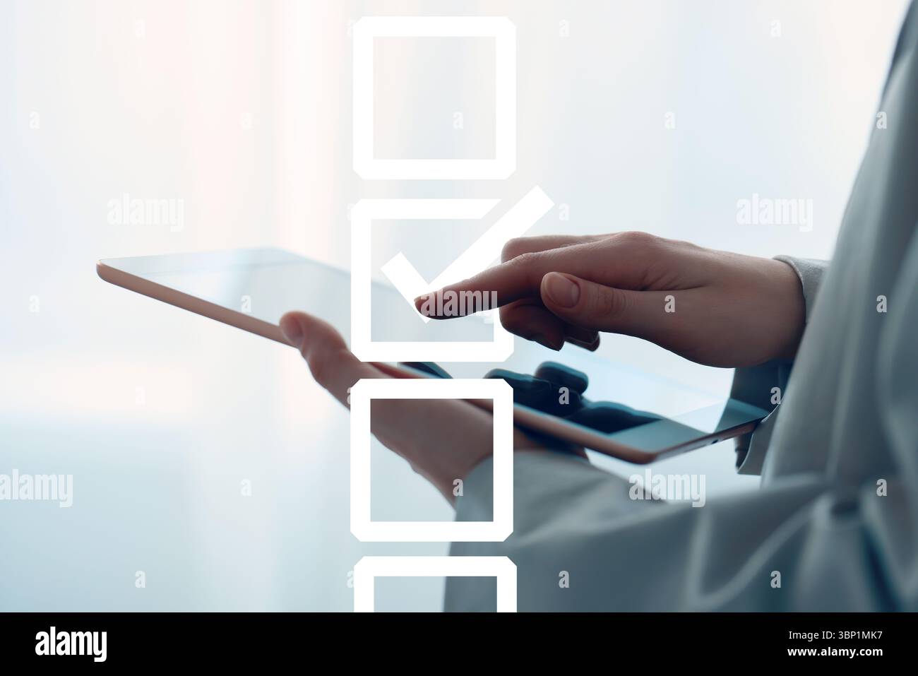 Woman putting tick checkbox hi-res stock photography and images - Alamy