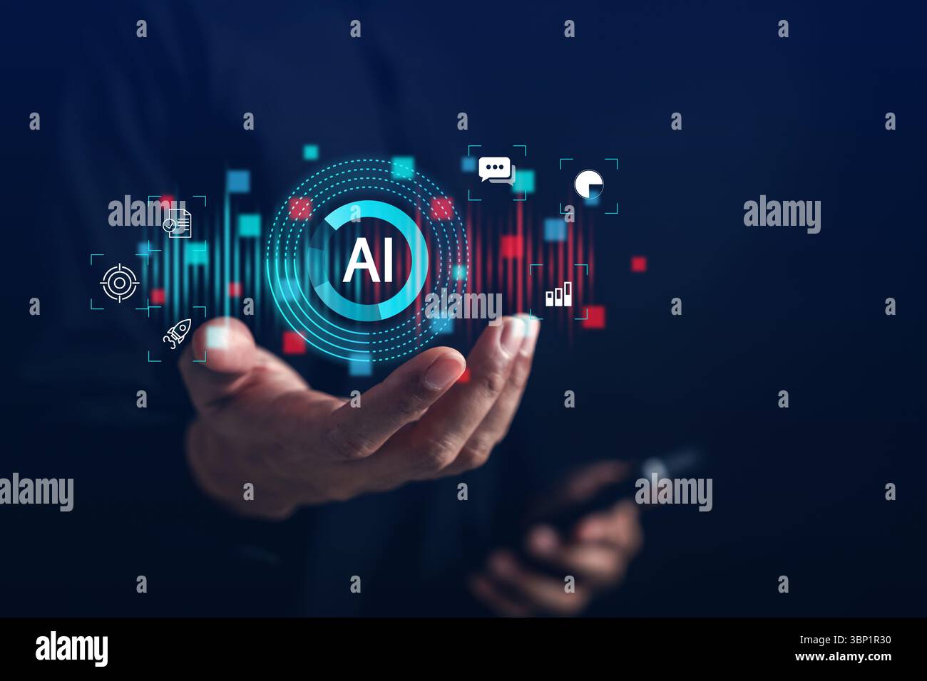 AI technology for business innovation, startup development, data analysis, and goal targeting Stock Photo