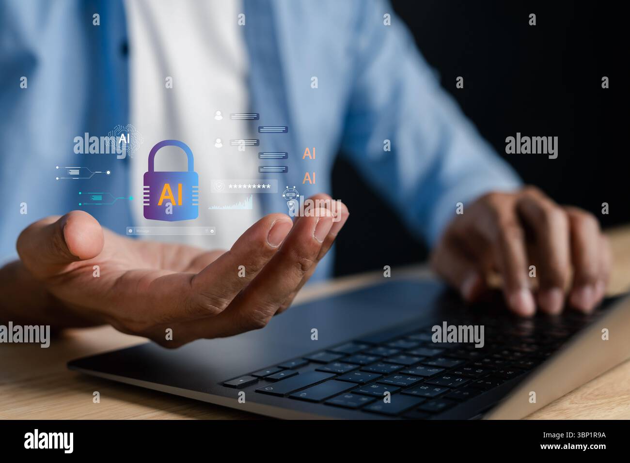 AI cybersecurity concept digital padlock and data protection icons. secure artificial intelligence Stock Photo