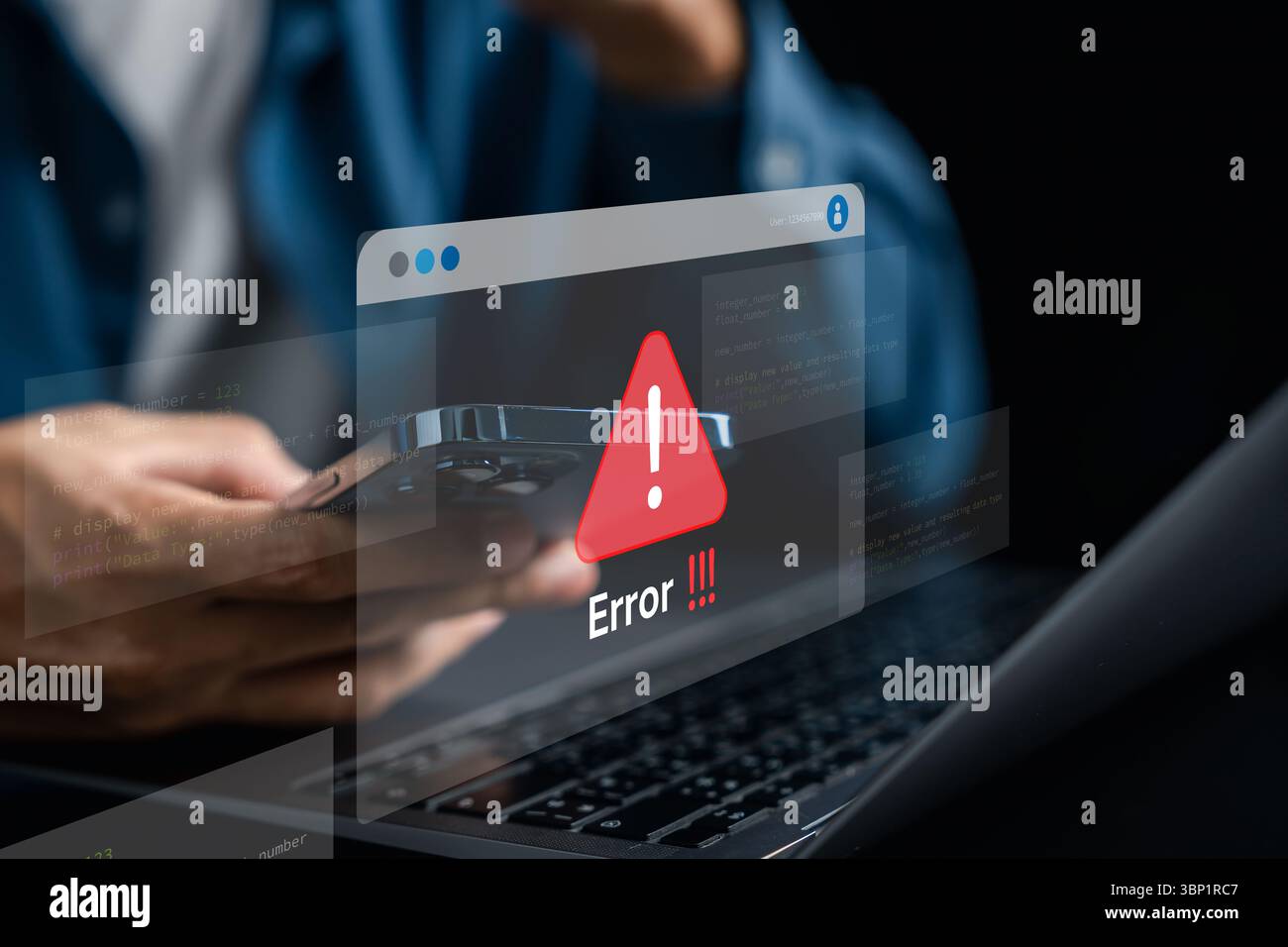 Error popup warning on website with alert symbol, showing web bug or failure during online usage Stock Photo