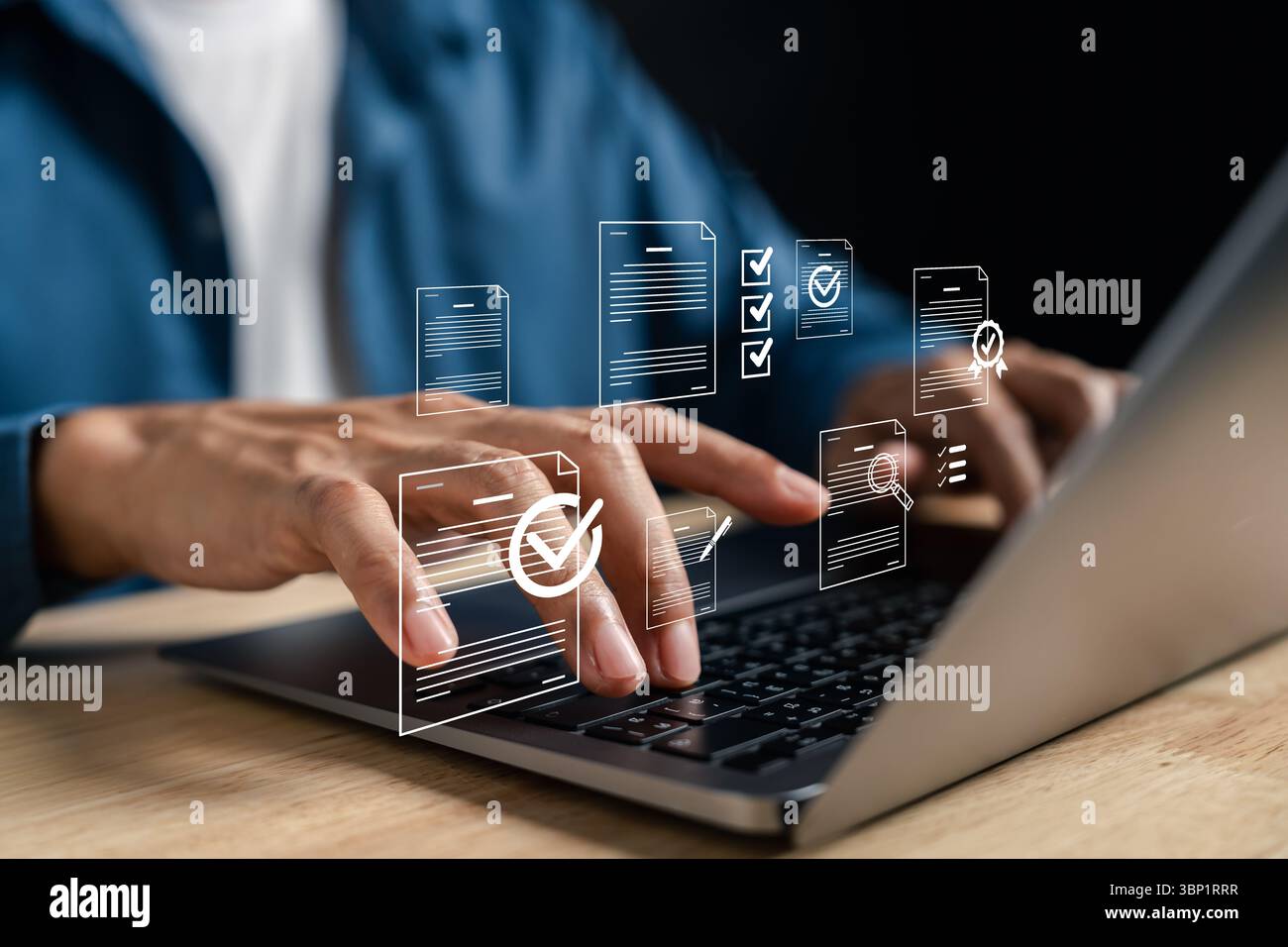 Digital checklist, online form, document approval, certificate assurance, e-signature system Stock Photo