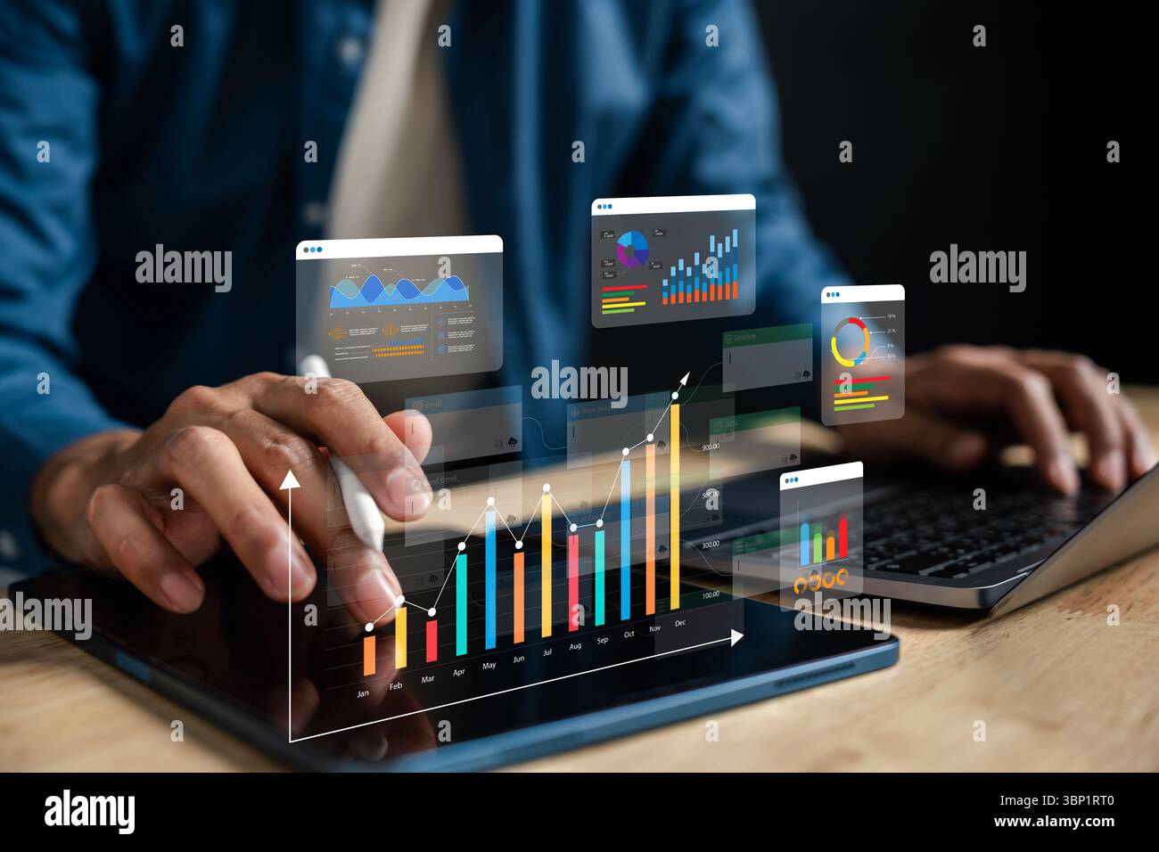 Chart analysis and workflow management with digital data dashboard, project tracking, business Stock Photo