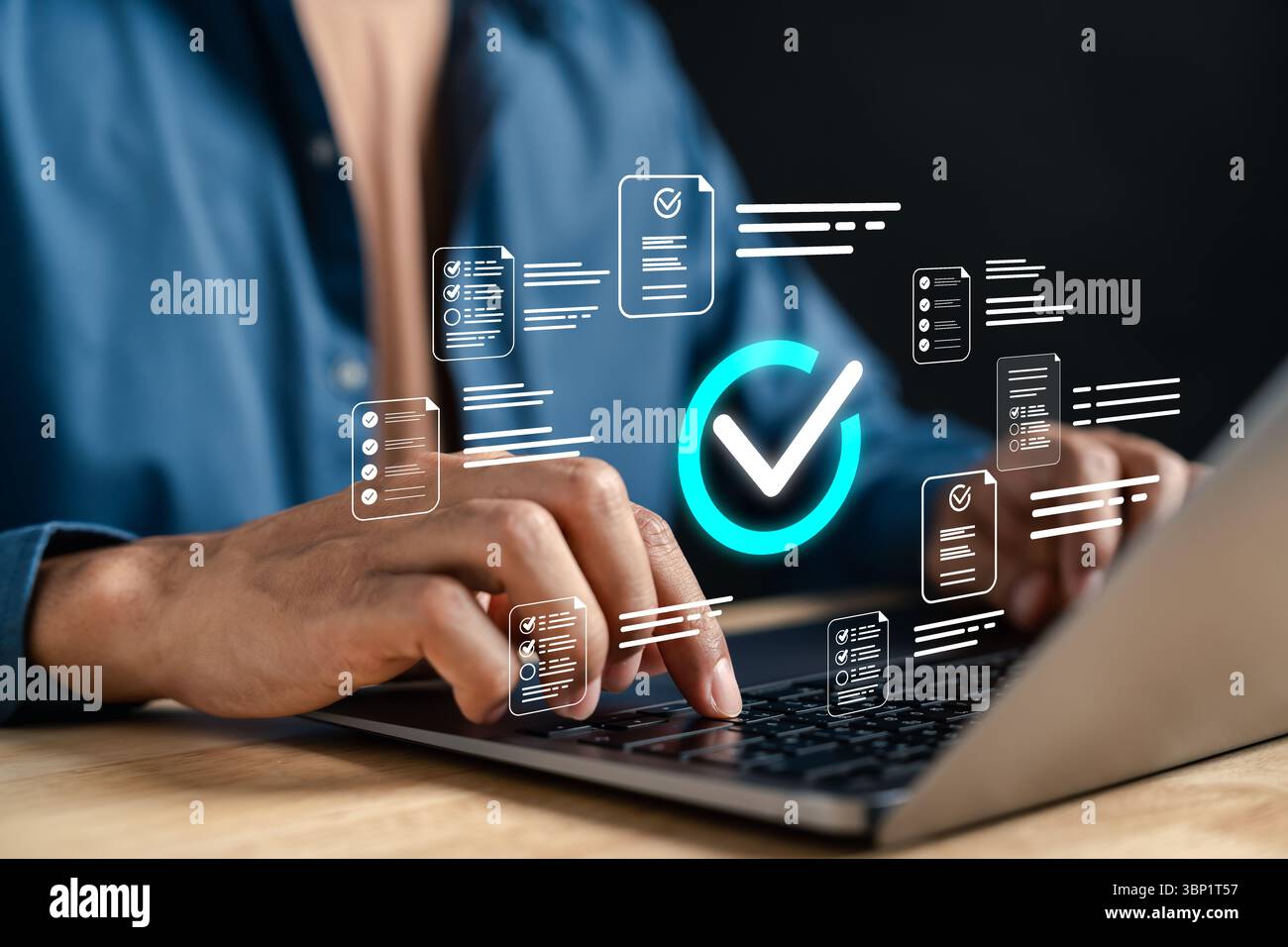 Digital checklist and survey questionnaire with document verification and task tracking, online form Stock Photo