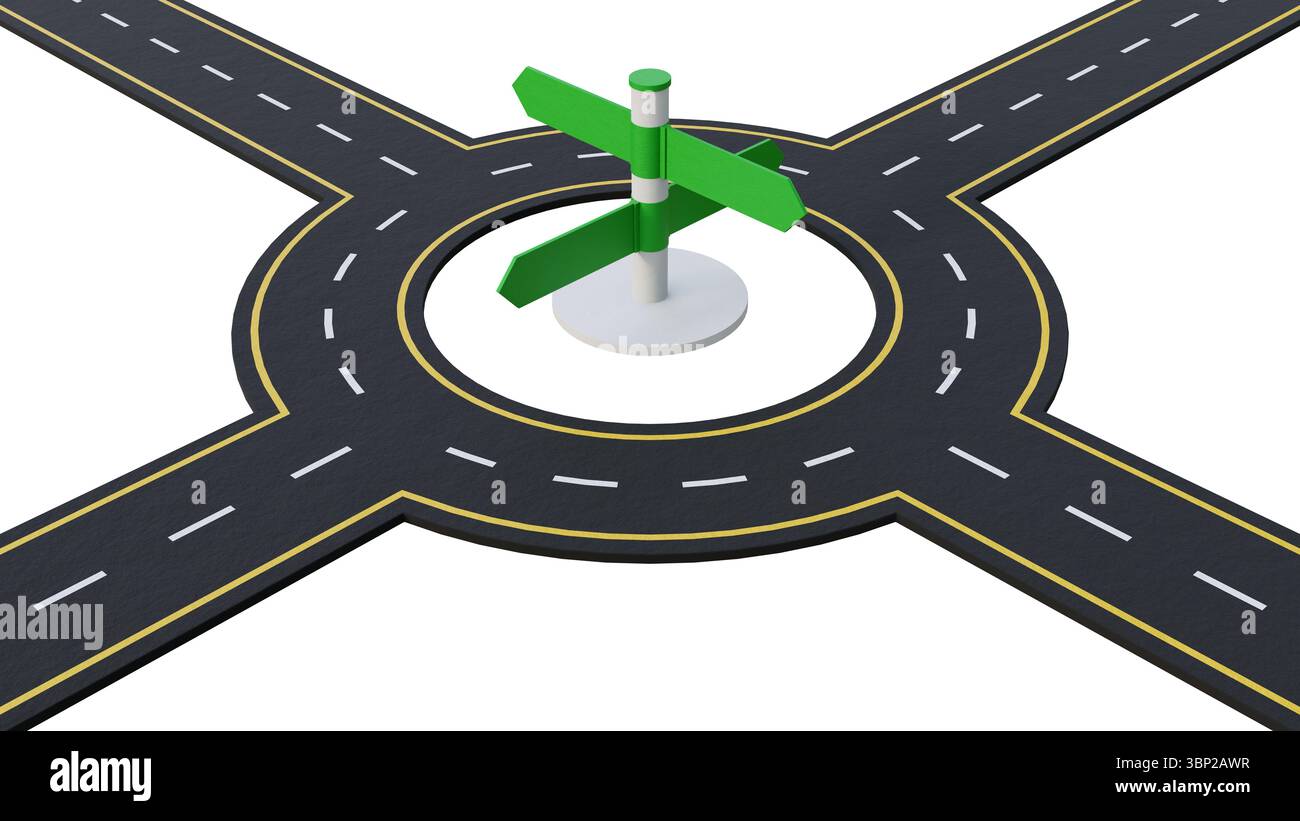 Roundabout road with road signs in the middle isolated on white ...
