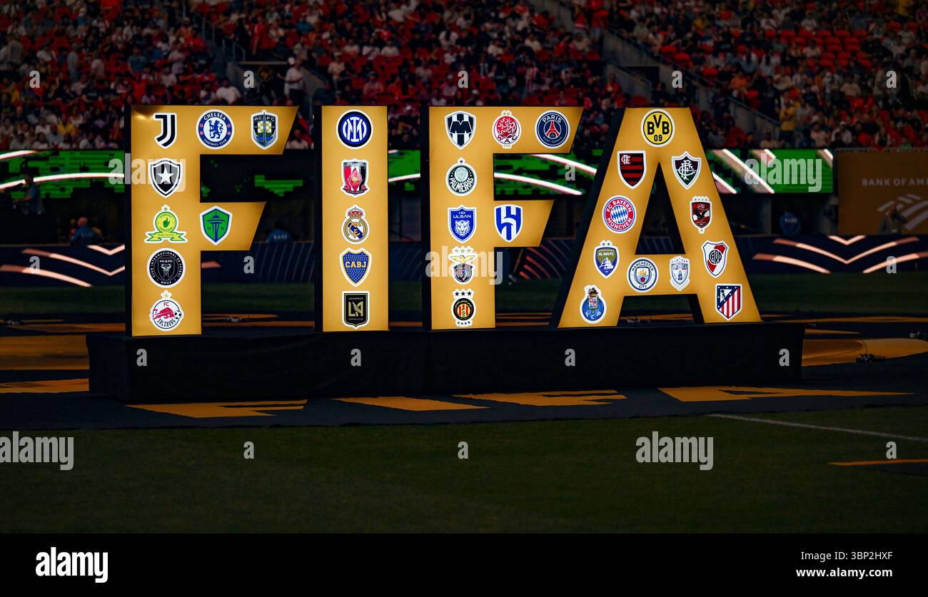 ATLANTA, GA – JULY 05: A FIFA sign is displayed prior to the start of ...