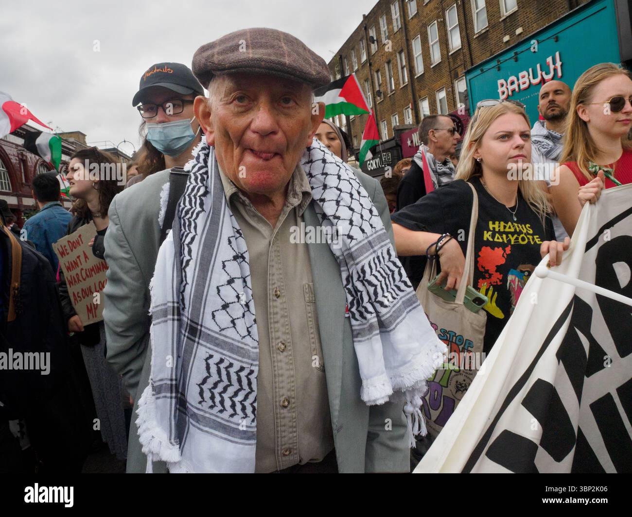 London, UK. 5 July 2025. Holcocaust survivor Stephen Kapos. After a year of Labour government Camden PSC and Camden Friends of Palestine lead a march in Keir Starmer's constituency to how him that the people stand with Palestine and demand we end the UK support for genocide and stop arms sales to Israel. They say Camden doesn't want a war criminal as MP and the UK doesn't want a genocide enabler as PM. Peter Marshall/Alamy Live News Stock Photo
