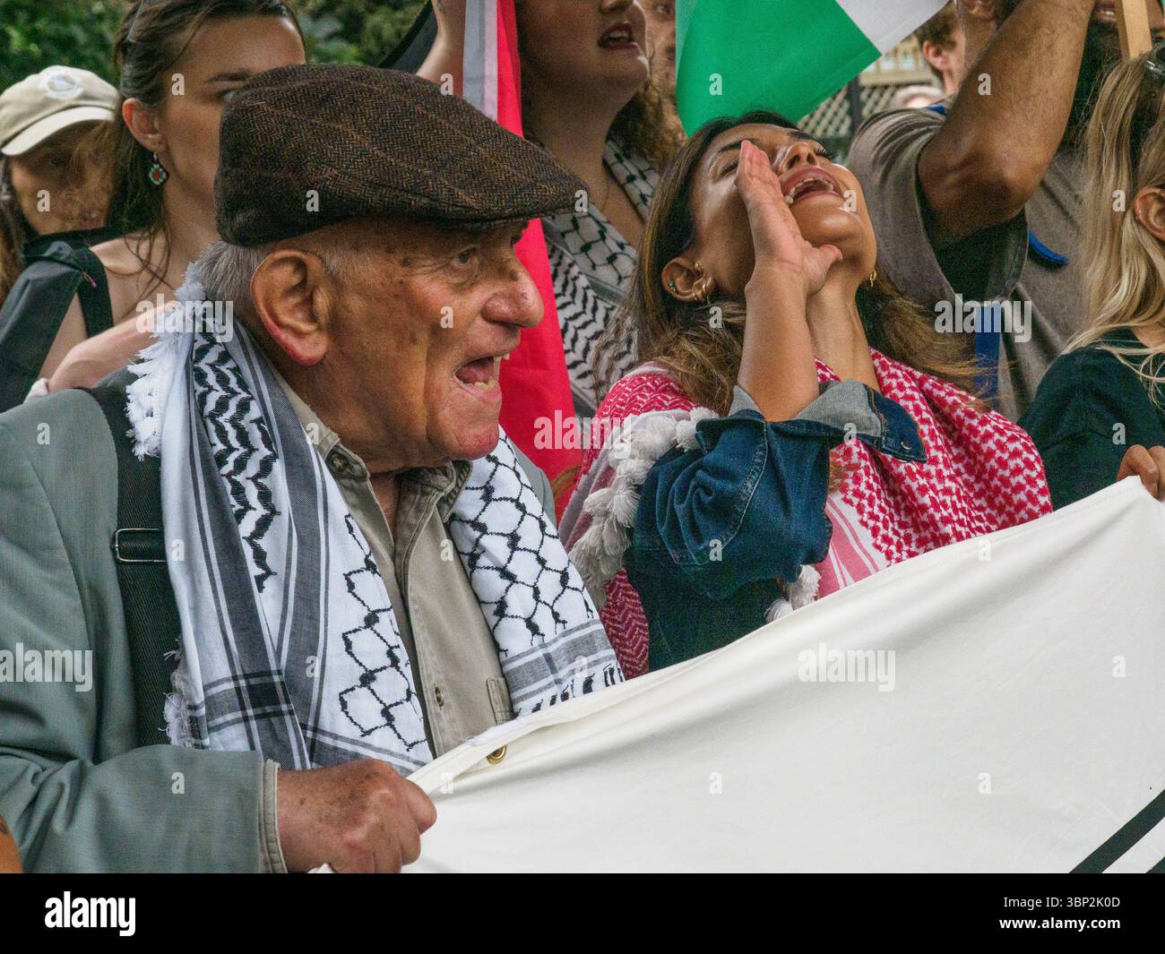 London, UK. 5 July 2025. Holcocaust survivor Stephen Kapos. After a year of Labour government Camden PSC and Camden Friends of Palestine lead a march in Keir Starmer's constituency to how him that the people stand with Palestine and demand we end the UK support for genocide and stop arms sales to Israel. They say Camden doesn't want a war criminal as MP and the UK doesn't want a genocide enabler as PM. Peter Marshall/Alamy Live News Stock Photo