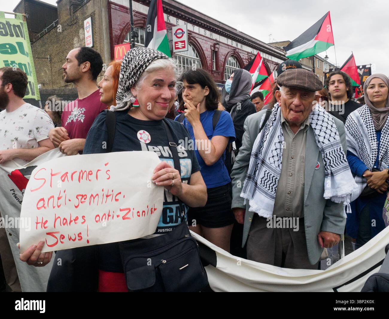 London, UK. 5 July 2025. Holcocaust survivor Stephen Kapos. After a year of Labour government Camden PSC and Camden Friends of Palestine lead a march in Keir Starmer's constituency to how him that the people stand with Palestine and demand we end the UK support for genocide and stop arms sales to Israel. They say Camden doesn't want a war criminal as MP and the UK doesn't want a genocide enabler as PM. Peter Marshall/Alamy Live News Stock Photo