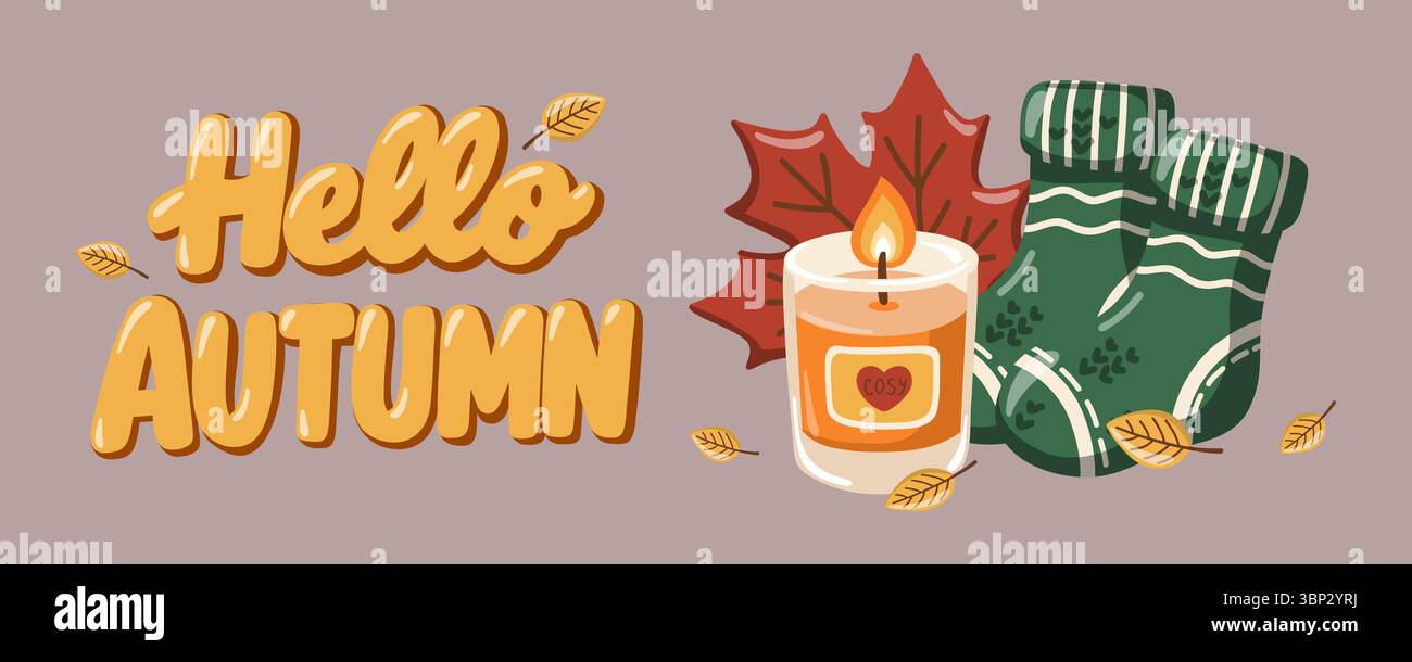 Hello Fall Cartoon. Sign Autumn banner with cosy candle, green wool socks, leaves and Hello ...