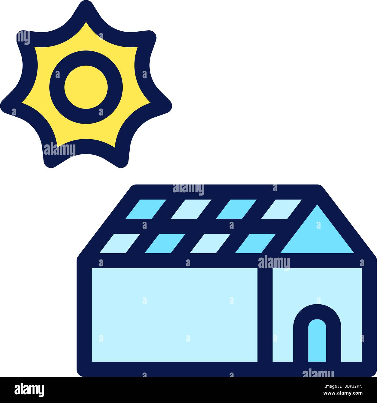 Icon Flat Outline green house powered by solar panel. Free energy, ecology, renewable, green energy and solar power plant concept. Colourful and Line Stock Vector