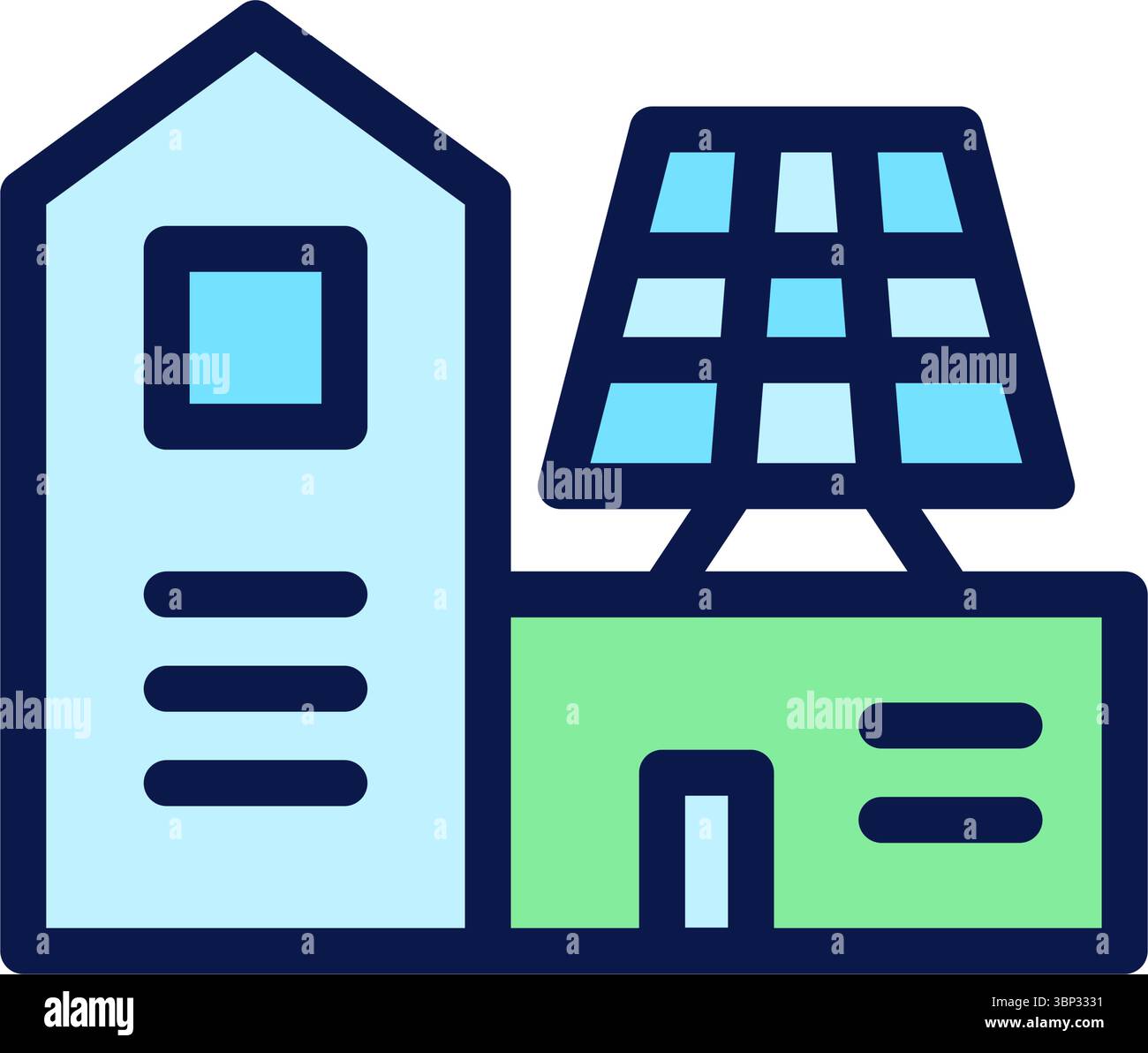 Icon Flat Outline green house powered by solar panel. Free energy, ecology, renewable, green energy and solar power plant concept. Colourful and Line Stock Vector