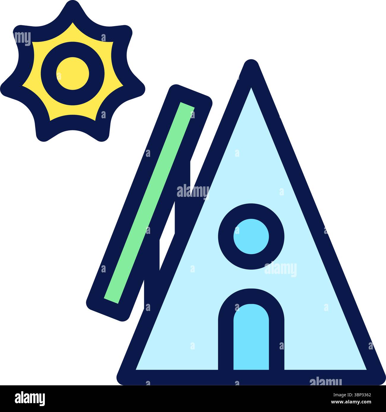 Icon Flat Outline green house powered by solar panel. Free energy, ecology, renewable, green energy and solar power plant concept. Colourful and Line Stock Vector