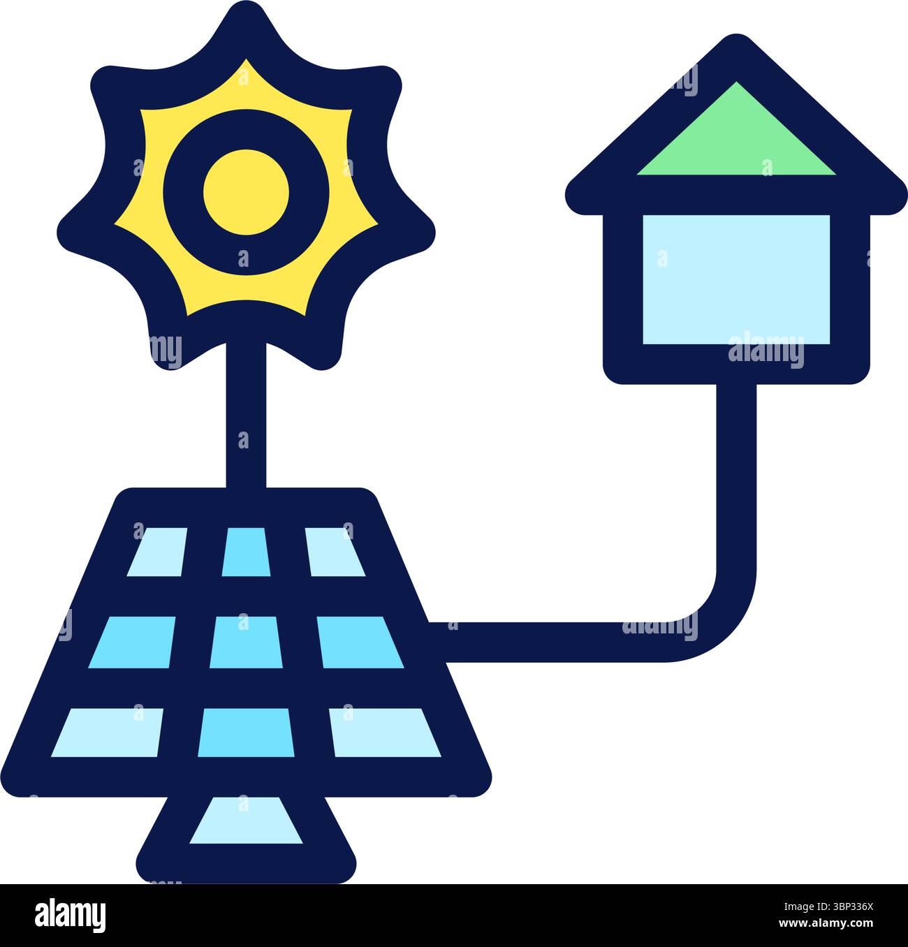 Icon Flat Outline green house powered by solar panel. Free energy, ecology, renewable, green energy and solar power plant concept. Colourful and Line Stock Vector