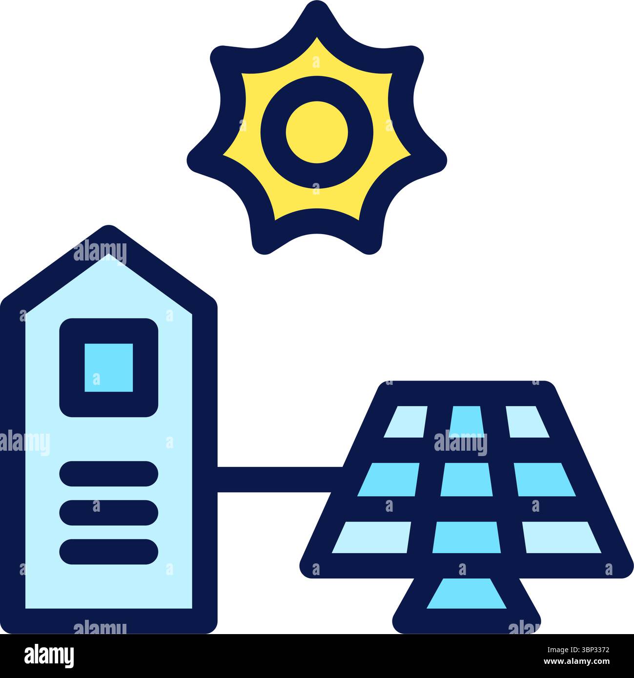 Icon Flat Outline green house powered by solar panel. Free energy, ecology, renewable, green energy and solar power plant concept. Colourful and Line Stock Vector