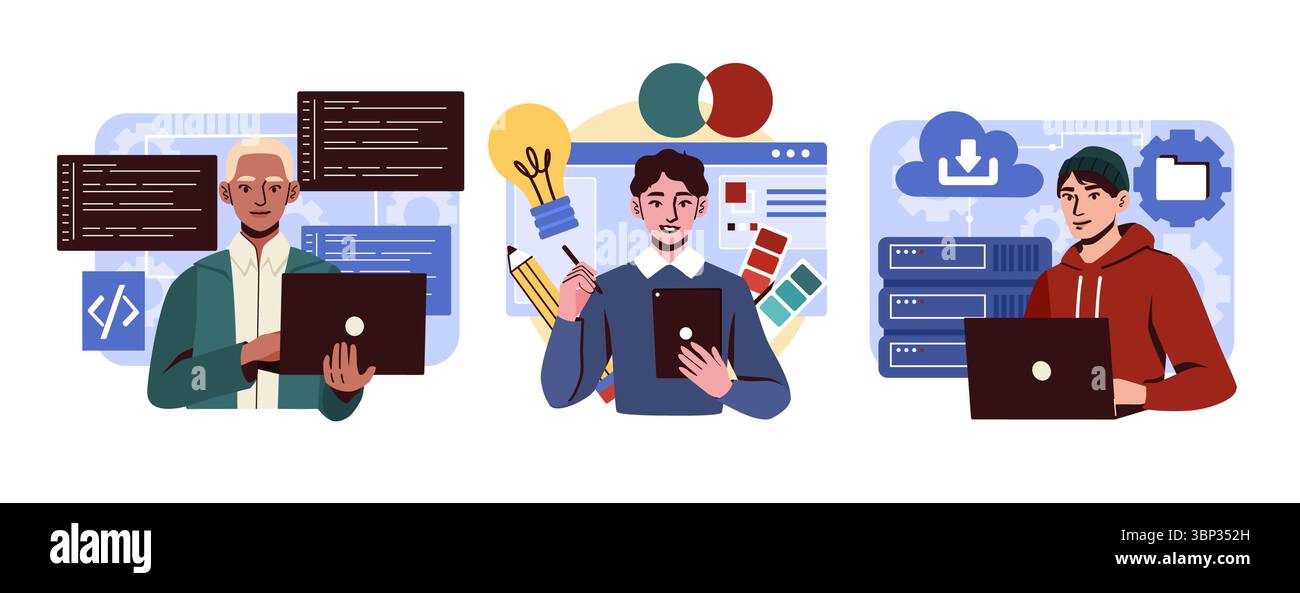 People in IT set. Men with laptops write code, develop programs and applications, website pages. Front end and back end developers, programmers. Flat Stock Vector