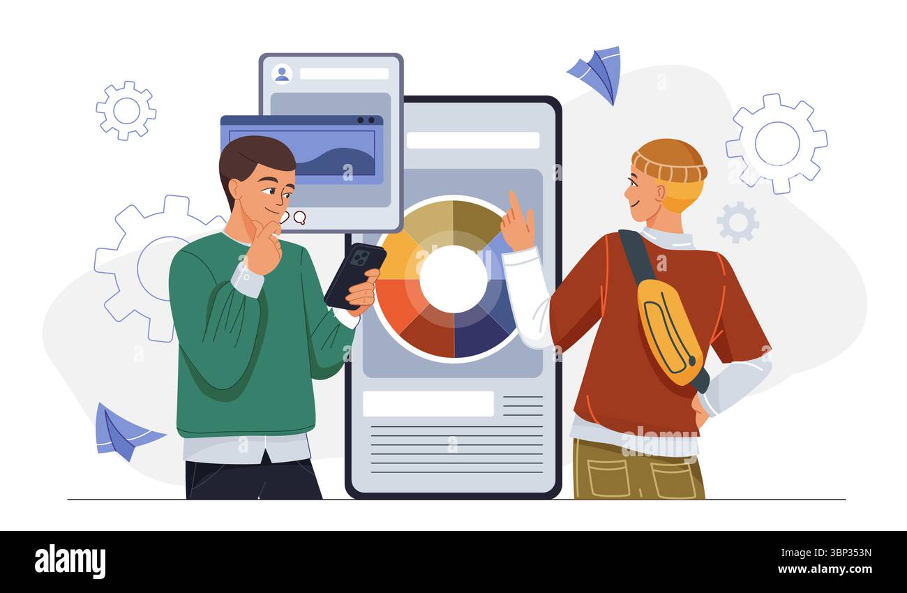 Team developing mobile app. Two men near smartphone with palette of colors. Programmers and graphic designers develop interface. Coding and Stock Vector