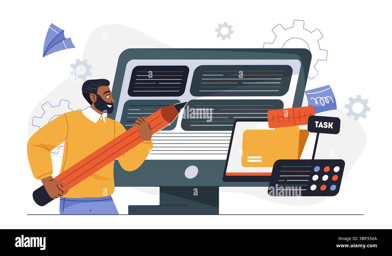 Software developer concept. Man with pencil near computer screen with code. Programmer and IT specialist write scripts. Development of applications Stock Vector